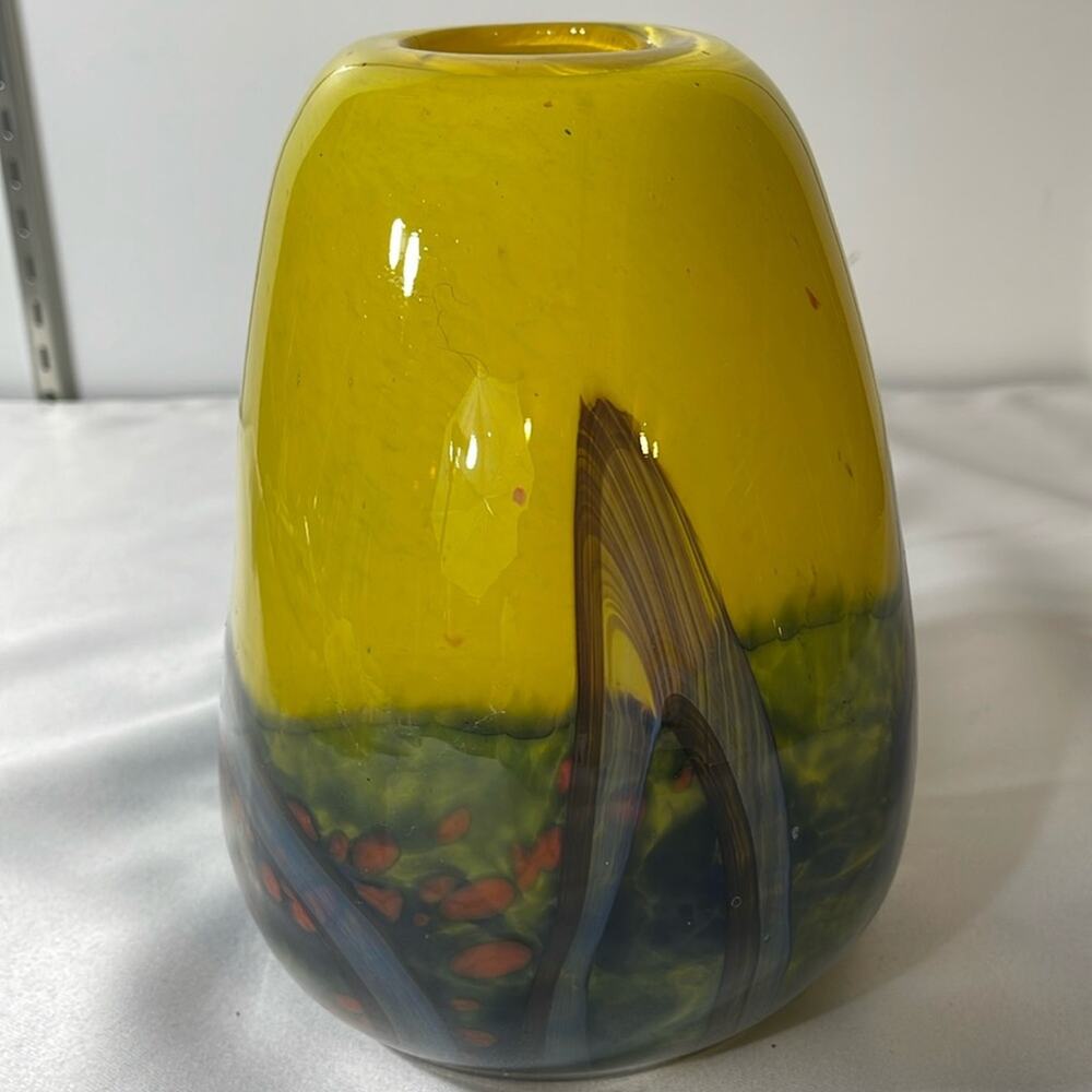 Signed Hand Blown  Glass Vase Yellow Blue Orange Oval By Romanian Artist - Picture 4 of 8